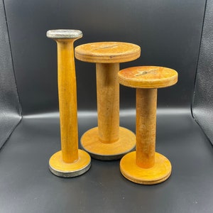 Vintage Wooden Sewing Spools Textile Bobbins Set of 3 Industrial Wood Metal Weaving Spool  Retro Sewing Supplies