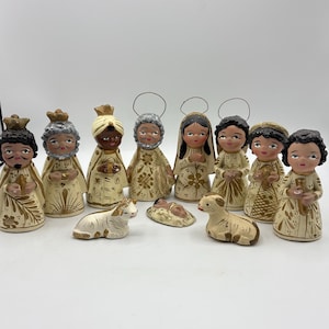 Vintage Mexico Pottery Nativity Manger Set Mexican Folk Art Christmas Figurines Clay Catholic Baby Jesus Mary Joseph Wise Men King Angel