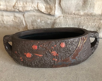 Vintage Tokanabe Pottery Ikebana Vase, Double Handle Floral Frog Bowl