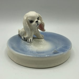 Puppy Dog Vintage Ash Tray White Blue Mid Century Tobacciana Cigar Cigarette Ceramic Ashtray Doggie Figure Decor Figural Puppy Statue