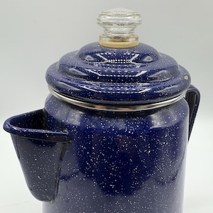 Vintage Blue Enamel Coffee Pot Graniteware Glass Knob Metal Camping Coffeepot Cowboy Campfire Enamelware Rustic Flower Pot Pitcher