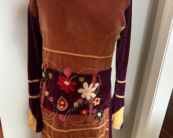 Vintage Crushed Velvet Flower Embroidered Dress, Boho Hippie Style (M)