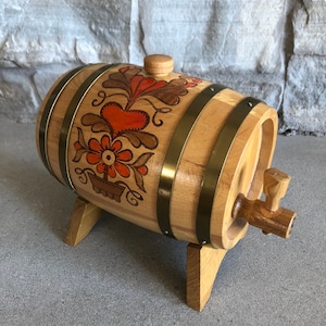 Vintage USSR Wooden Keg Whiskey Barrel on Stand Liquor Dispenser Wood Keg Barrel Metal Straps on Stand