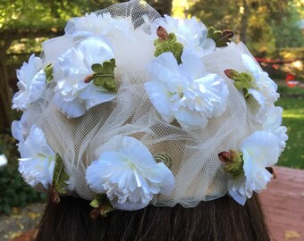 Unique Vintage Formal Hat Ladies Pillbox Hat Millinery Flowers in a Sea of Antique White Netting Vintage Wedding Pretty Cream Church Hat