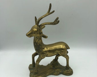 Vintage Brass Deer Figurine: Mid-Century Reindeer with Antlers Statue, Boho Home Decor