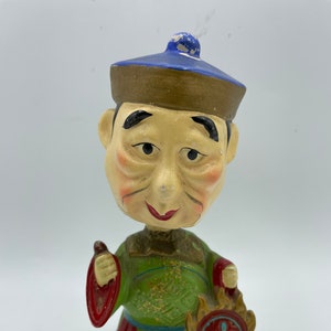 Vintage Asian Bobblehead Figurine Antique Oriental Art Decor Japan Bobble Head Japanese Blue Red Green Gold 1960s Statue