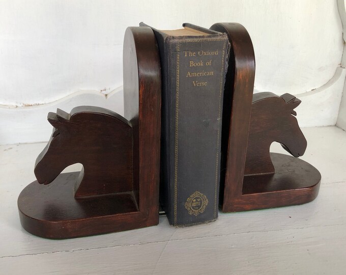 Vintage Horse Bookends Carved Wood Book Ends Horse Head Country Western Decor Horseback Rider