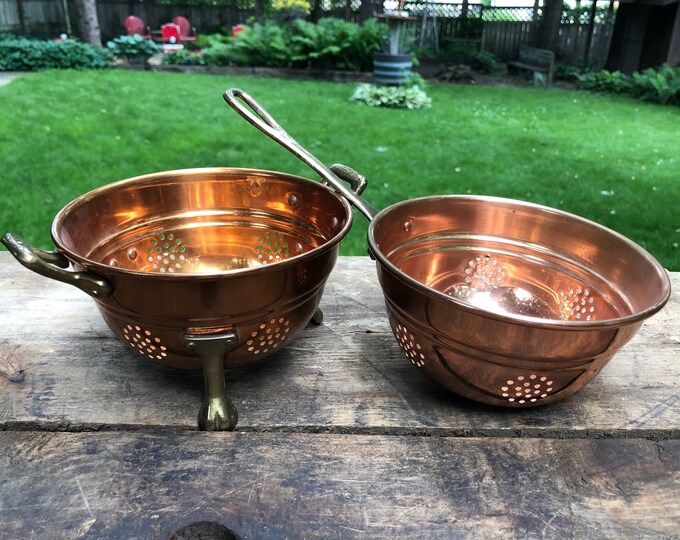 Vintage Copper and Brass Strainers Retro French Kitchen Footed Copper