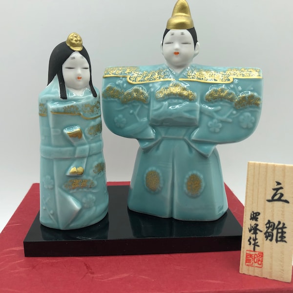 Oriental Art Figures Porcelain Turquiose Blue Gold Sokutai Japanese Emperor Traditional Robe Man Woman Asian Figurine Vintage Statues