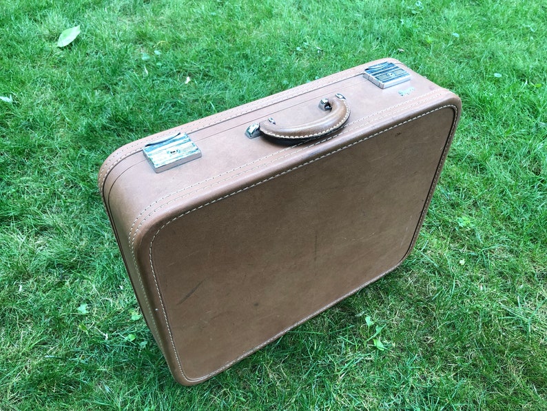 Vintage Skyway Brown Suitcase Stackable Hard Sided Luggage Medium Sized Retro Suit Case Bag Hipster Airplane Travel Overnight Bag Funky Case