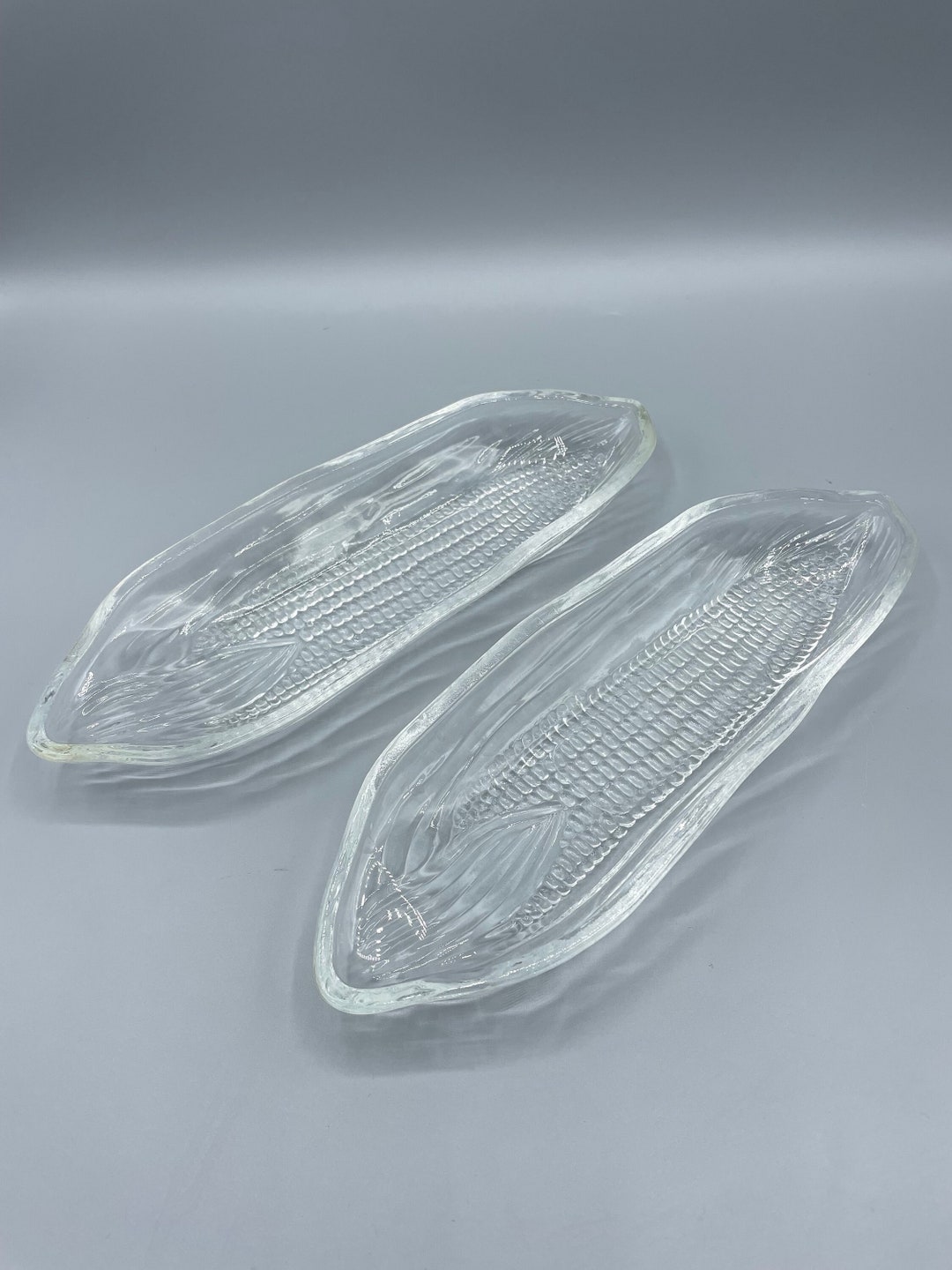 Pair Vintage Clear Glass Corn Holders Corn on the Cob Serving Set Sweet