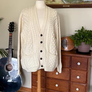 Pure British Wool Sweater Fishermans Cardigan Made in U.K. Button Up Off White Warm Winter 100% Wool Vintage Heavy Large XL Cable Knit UK