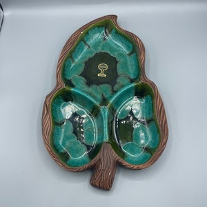 Large Green Swirl Glaze Sequoia Ware Groovy Leaf Shape Divided Dish Tiki Lounge Ashtray Vintage Art Pottery Groovy 1970s Ceramics