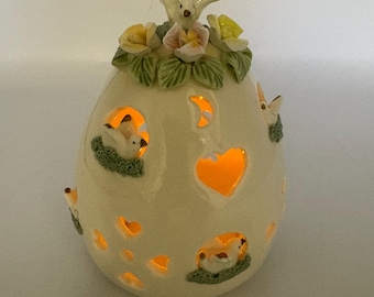 Vintage Ceramic Fairy Lamp: Doves, Roses, Hearts Candle Holder