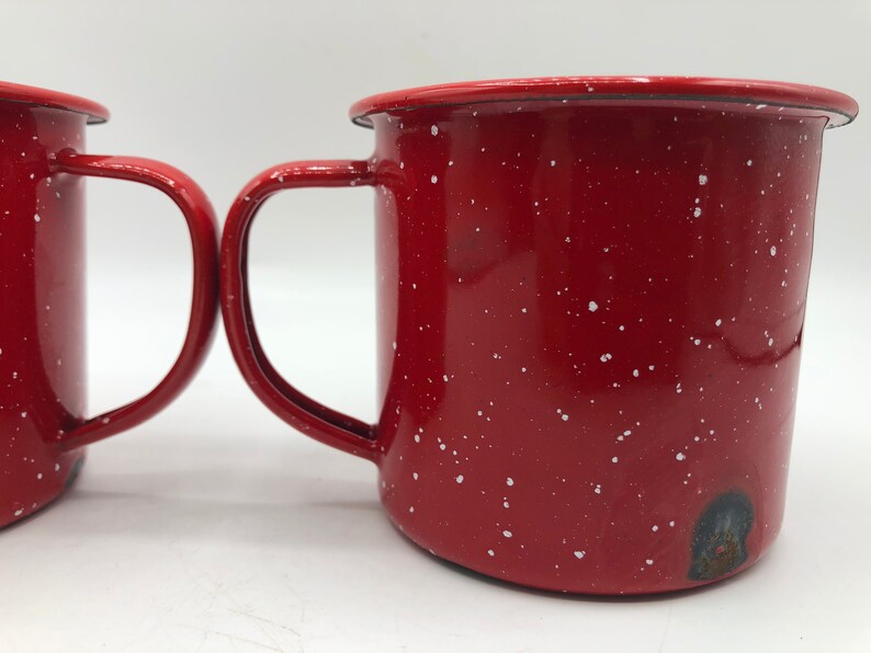 Red Enamel Mugs 2 Splatterware Metal Camping Coffee Cups Etsy