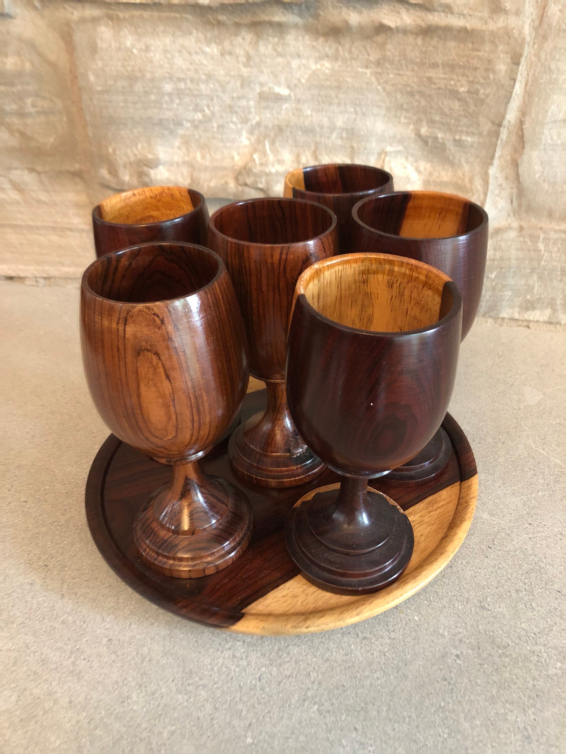 Vintage Wood Wine Goblets Set of 6 With Platter – ONHSI