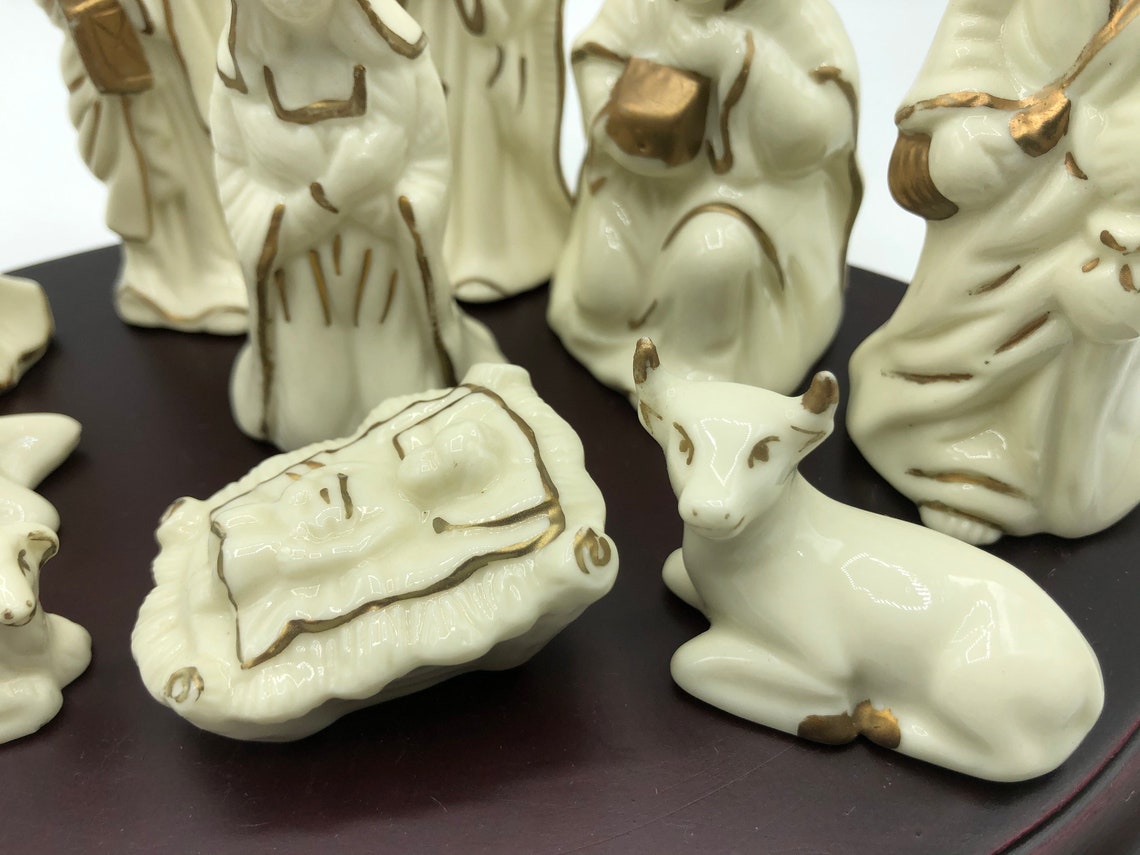 Vintage White Gold Porcelain Nativity 11 Piece Set Christmas Etsy