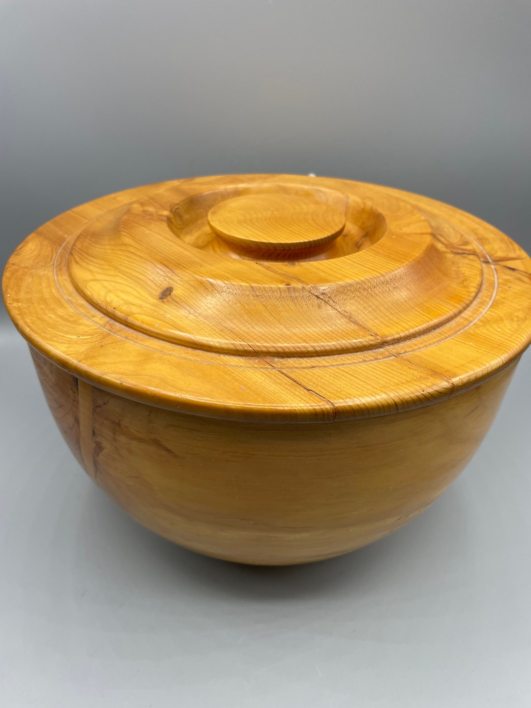 Vintage Hand Carved Bowl Large Handmade Wood Bowl With Lid Rustic Cabin