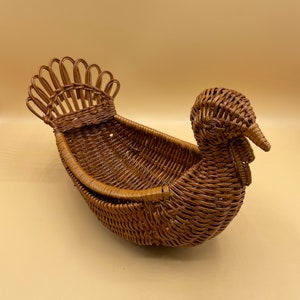 Vintage Wicker Thanksgiving Turkey Natural Boho Bohemian Home Decor Woven Rattan Mid Century Rustic Farm Animal Sculpture Container Basket