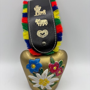 Swiss Cow Goat Bell Vintage Switzerland Gold Cowbell Colorful Strap German Brass Bell Farmhouse Bavaria Countryside Farm Decor Flowers