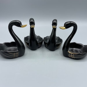 Set of 4 Black Swan Salt Cellars Open Salts Salt Dips Condiment Soy Sauce Cup Bowls Small Black Gold Long Neck Ducks Swans Ceramic Serveware