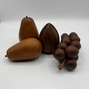 Carved Wooden Fruit Vintage 4 Piece Set Aloha Hawaiian Monkeypod Wood Grapes Pear Mango Polynesian Natural Boho Home Decor Fruit Bowl