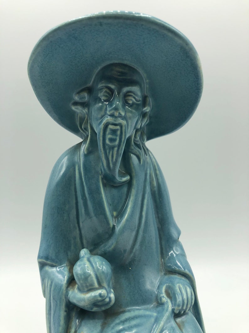 Pair Vintage Japanese Traditional Men Turquoise Robes Conical Hats Robes Mid Century Arnels Statues Aqua Blue Figurines Asian Oriental Art