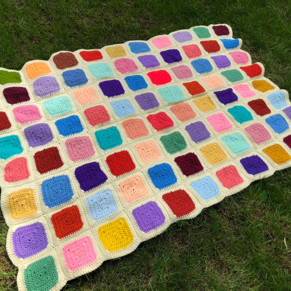 Granny Square Afghan Vintage Crocheted Handmade Blanket Knit Throw Bright Colors Off White Squares Retro 1960s Home Decor Cabin Decor