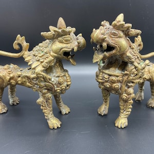Pair of Vintage Ornate Bronze Tibetan Foo Dog Statues Metal Foo Lion Dogs Guardian Dog Japanese Brass Figurines Asian Temple Guard Fu Shishi