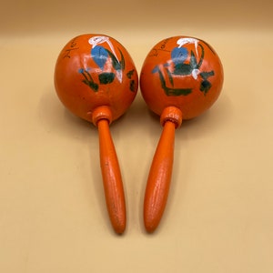 Pair of Vintage Mexican Maracas Hand Painted Orange Gourd Coconut Shakers Tropical Handmade Desert Cactus Flowers Design Rattles Mexico