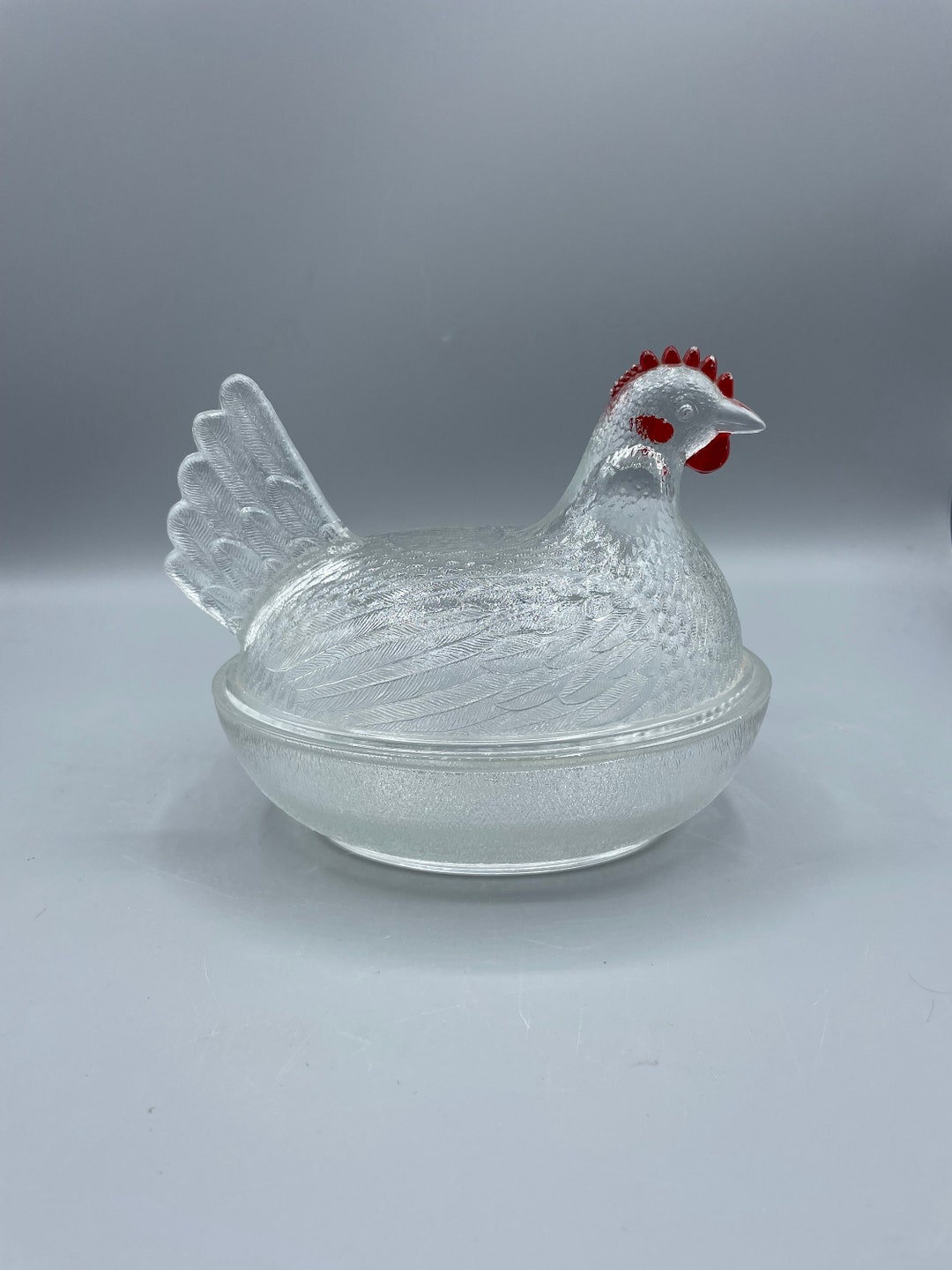 Clear Glass Chicken on Basket Hen on Nest Red Comb Covered Dish Vintage