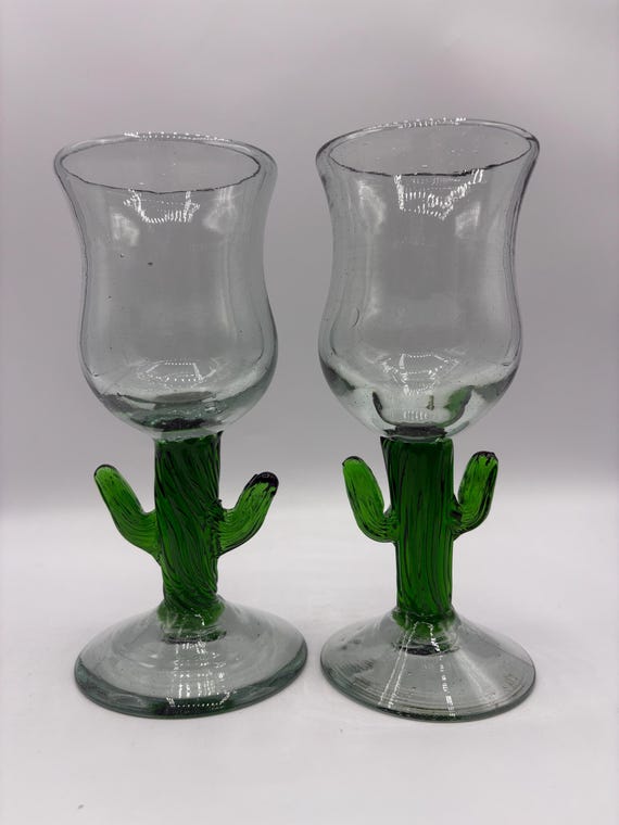 Hand Blown Cactus Glasses, Green Art Glass Stemware, Set of 2