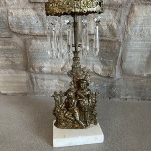 Vintage Brass Candlestick Victorian Girandole Antique Brass and Marble Candleholder Antique Mantle Lusters Brass Candlesticks Hanging Prisms