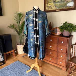 Vintage Blue Yukata Asian Robe Green Gold Black Velvet Silver Trim Lined Traditional Japan Kimono Boho Fashion Jacket Japanese Robe