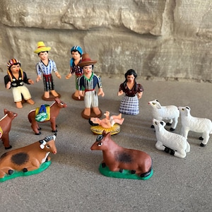 Pottery Folk Art Nativity Scene Miniature Ornament Vintage Christmas Sculpted Clay Figurines South American Decor Baby Jesus Sheep
