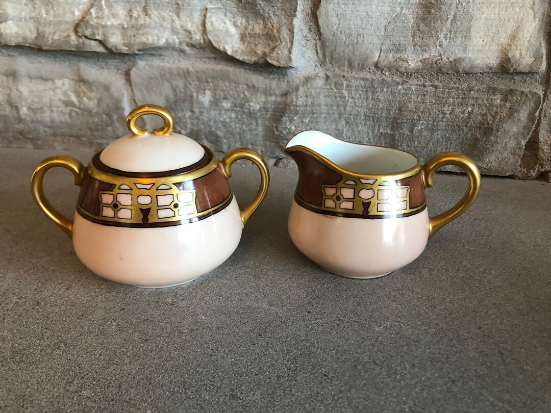 Antique Bavarian Creamer and Sugar Gold and Brown Art Deco Style