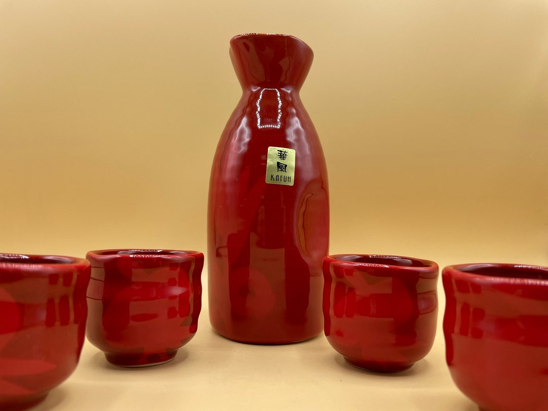 Vintage Red Kafuh Sake Set 4 Sake Cups and Decanter Ceramic Etsy
