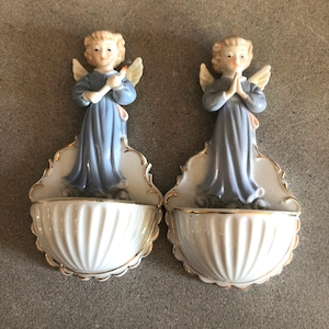 Vintage Pair of Angel Holy Water Fonts for the Wall Mid Century Decor Religious Catholic Holy Water Font Angel Figurine Religious Decor