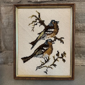 Cross Stitch Pair of Birds Stitched Blue and Brown Needlepoint Vintage Embroidery Songbird Picture Retro Boho Style Wall Decor
