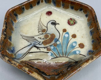 Small Tonala Trinket Dish Mexican Pottery Decorative Spanish Stoneware Hand Painted Pidgeon Bird Flowers Natural Brown Blue Pottery Folk Art