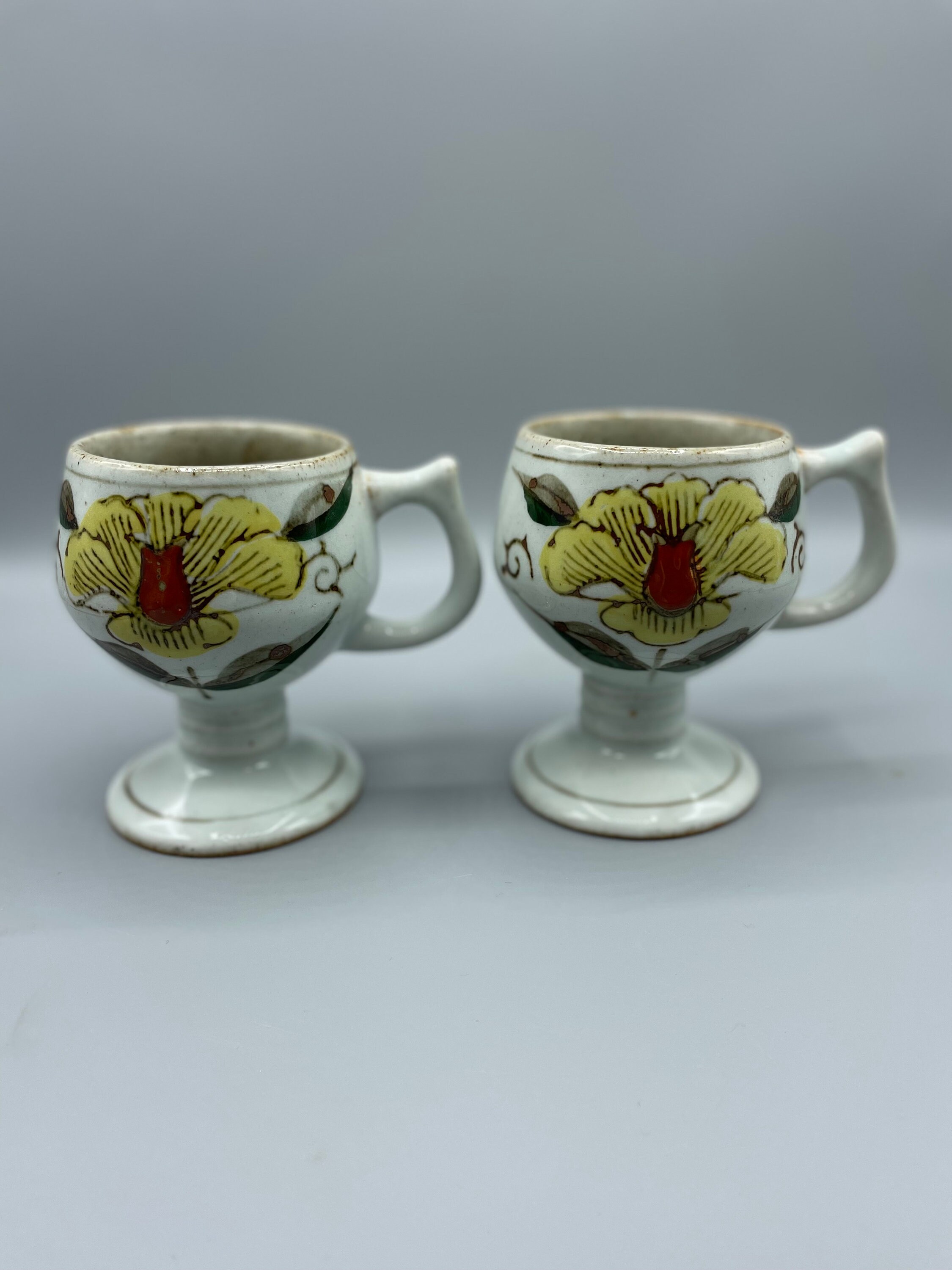 Vintage Otagiri Pottery Coffee Mugs Stemmed Ceramic Cups Set of 2 Natural Glaze Yellow Flowers Green Leaves Retro Natural Stoneware