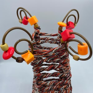 Funky Fun Telephone Wire Sculpture Vase Vintage Repurposed Phone Cord Beaded Orange Red Basket Telephone Wire Art