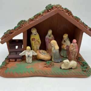 Terra Cotta Nativity Scene Pottery Creche Colorful Clay Miniature Folk Art Manger Scene Vintage Christmas Sculpted Bisque Jesus Figurines