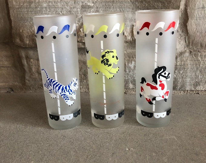 Vintage Libbey Frosted Circus Glasses Horse Lion Tiger Glasses Merry Go