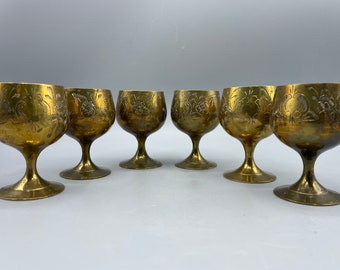 Vintage Etched Floral Copper Aperitif Glasses, Set of 6 Brass Stemware