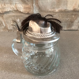 Vintage West German BMF Bierseidel Beer Stein Glass with Pewter Hat Shaped Lid with Feather Drinking Mug Collectible Beer Stein
