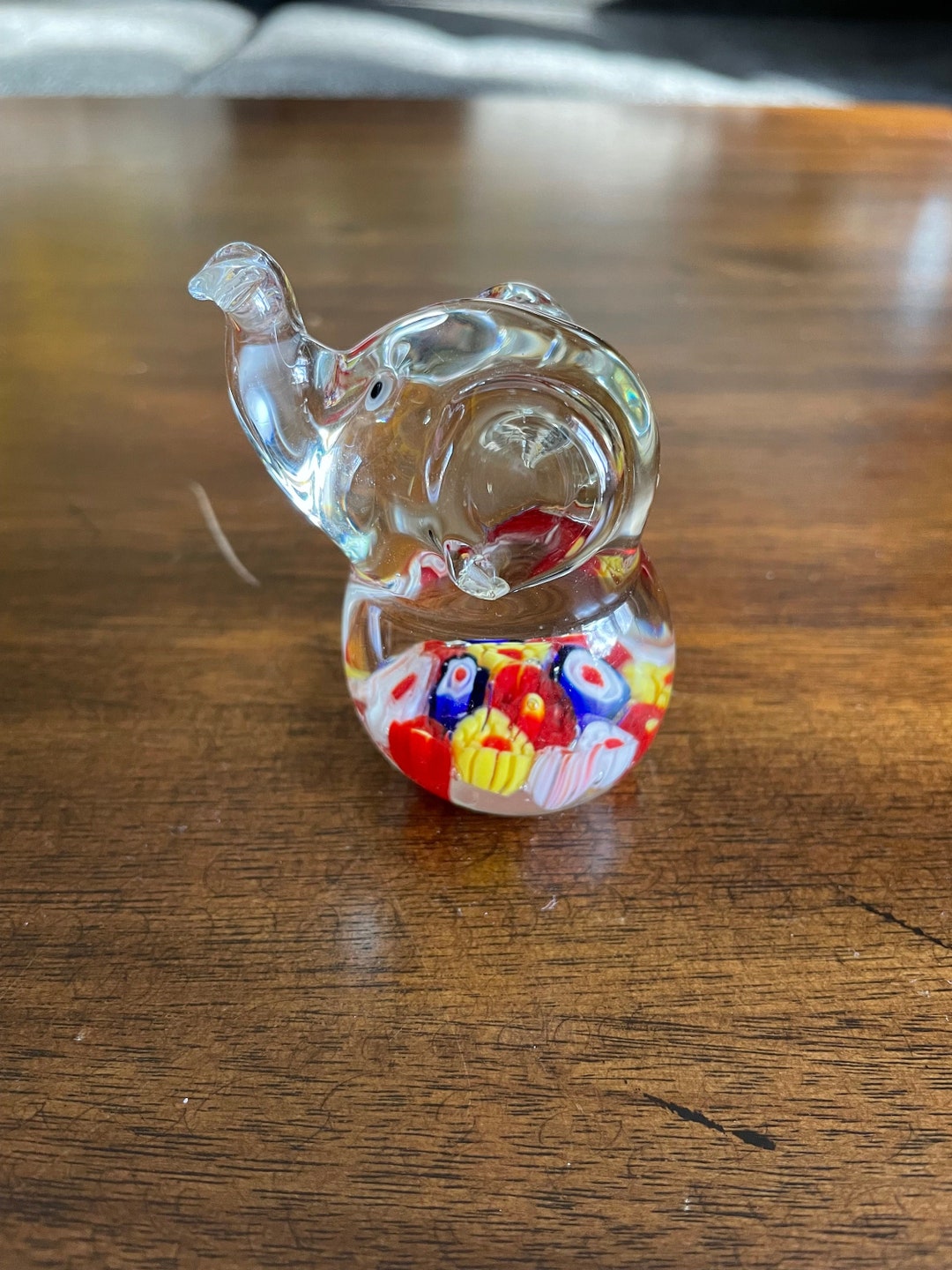 Millefiori Art Glass Elephant Clear Glass Red Yellow Blue White