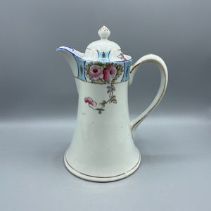 Vintage Nippon Japan Chocolate Pot White Porcelain Pink Flowers Blue Gold Trim Teapot Coffeepot Tea Party Vintage Kitchen Coffee Pitcher