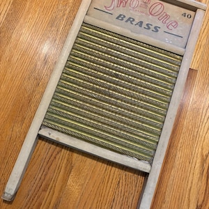 Two in One Brass Washboard Advertising Vintage Standard Family Size Wash Board Home Laundry Room Decor Kitchen Farmhouse Rustic Wood Metal