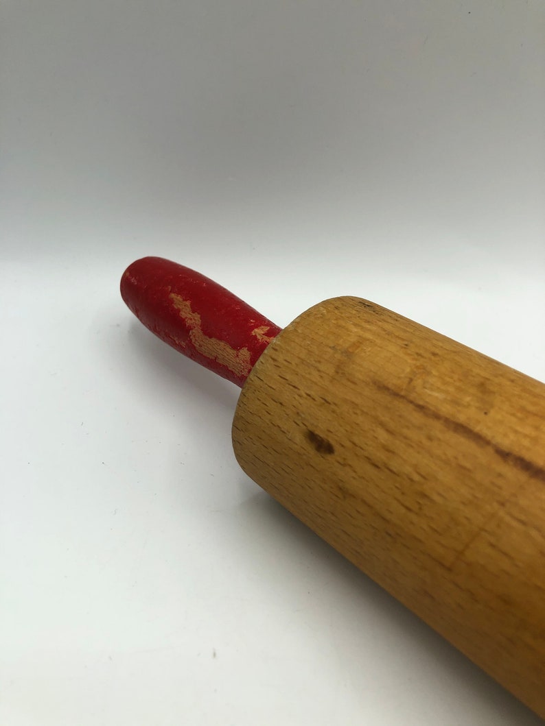 Vintage Wood Rolling Pin Red Handles Rustic Farmhouse Kitchen Etsy